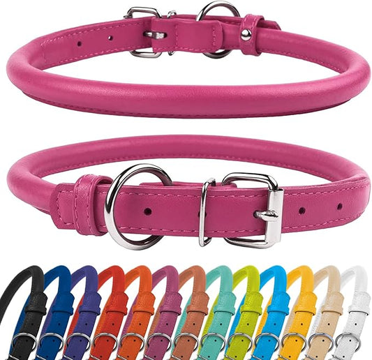 CollarDirect Rolled Leather Dog Collar, Soft Padded Round Puppy Collar, Handmade Genuine Leather Collar Dog Small Large Cat Collars 13 Colors (8-11 Inch, Pink Textured)