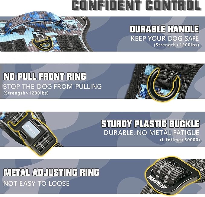 Auroth Tactical Dog Training Harness No Pulling Front Clip Leash Adhesion Reflective K9 Pet Working Vest Easy Control for Small Medium Large Dogs Blue Camo M