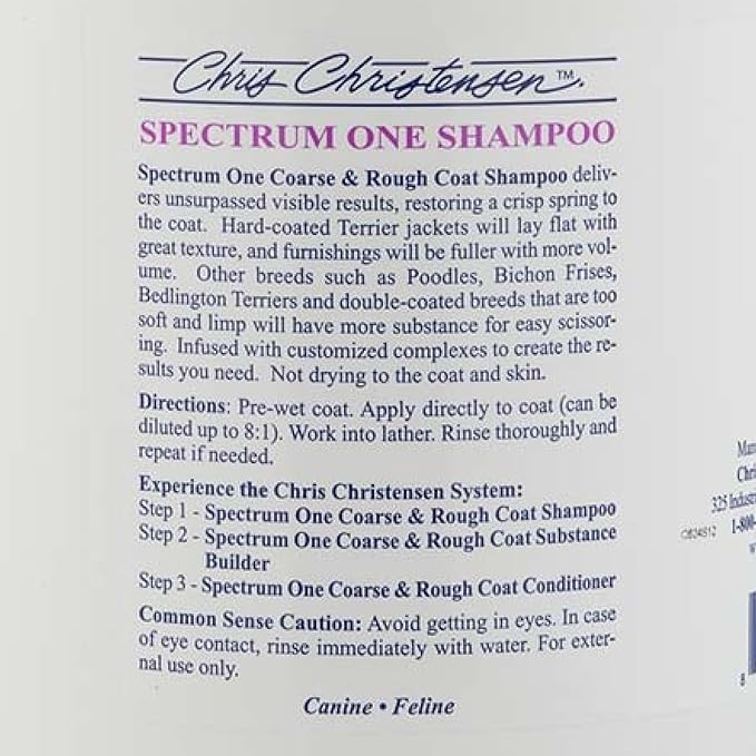 Chris Christensen Spectrum One Dog Shampoo, Coarse and Rough Coat, Groom Like a Professional, Repairs and Protects, Maintains Inner Cortex Hydration, Made in The USA, 1 Gal