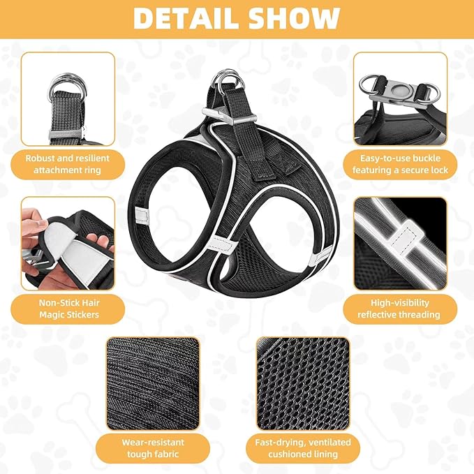 Dog Harness with Leash Set, Adjustable Soft Mesh Padded Reflective Dog Harnesse, Dog Leash with Soft Padded Handle, Puppy Harness and Leash Set for Walking,Training - Black, XS