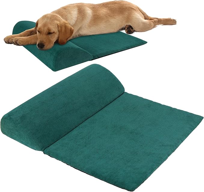 Dog Cat Bolster Pillow with High Resilience Foam, Headrest for Large Dogs, Benefit for Cervical Vertebra and Neck, Easy to Carry, Machine Washable Cover＆Easy to Clean(Green)