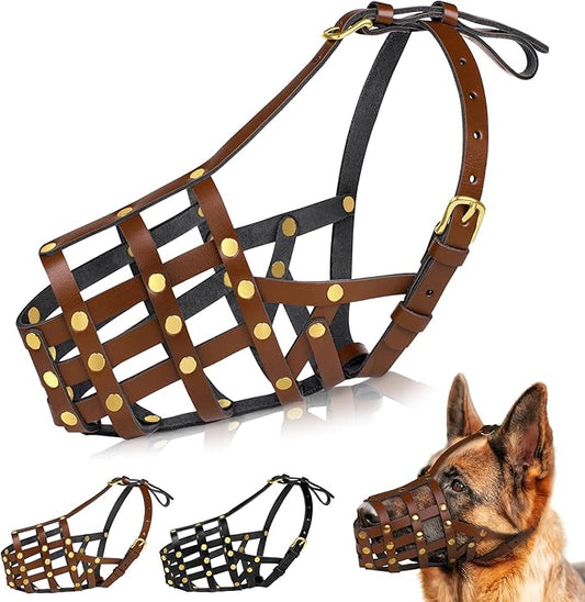 OOPSDOGGY German Shepherd Dog Muzzle for Large Dogs - Leather Breathable Secure Basket Muzzle for Large Breeds Prevents Biting No Chewing Adjustable (Brown, Size 7 - German Shepherd)