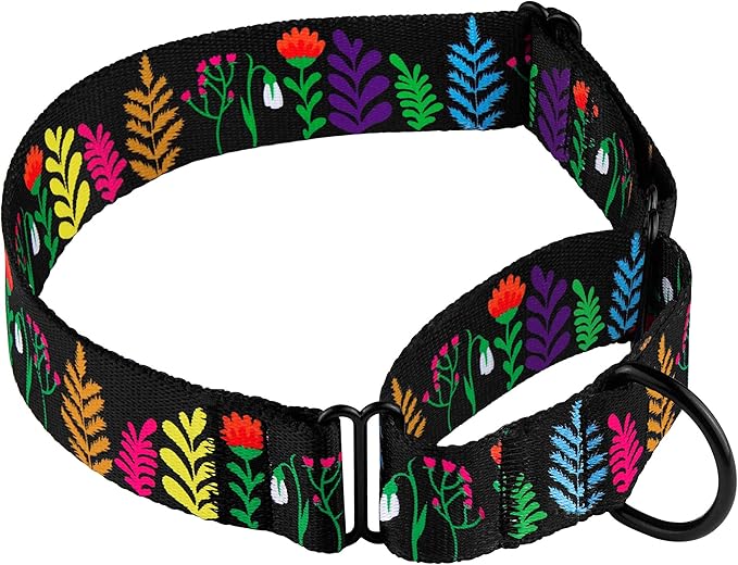 CollarDirect Martingale Collars for Dogs Heavy Duty Floral Pattern Female Safety Nylon Training Wide Collar Flower Design Large Medium (XL, Neck Size 19"-24", Black)