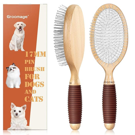 Dog Grooming Shedding Brush - 17mm Short Metal Pin Deshedding Dog Cat Brush - Long Short Haired Dogs Cats Brushes - Indoor Pets Dog Cat Comb with Rubber Handle