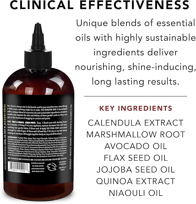 Pride and Groom The Sensitive One Dog Shampoo – All Natural Blend of Essential Oils & Gentle Ingredients for Puppies & Dogs with Sensitive Skin & Coats to Soothe and Regulate Skin & Follicles – 16oz