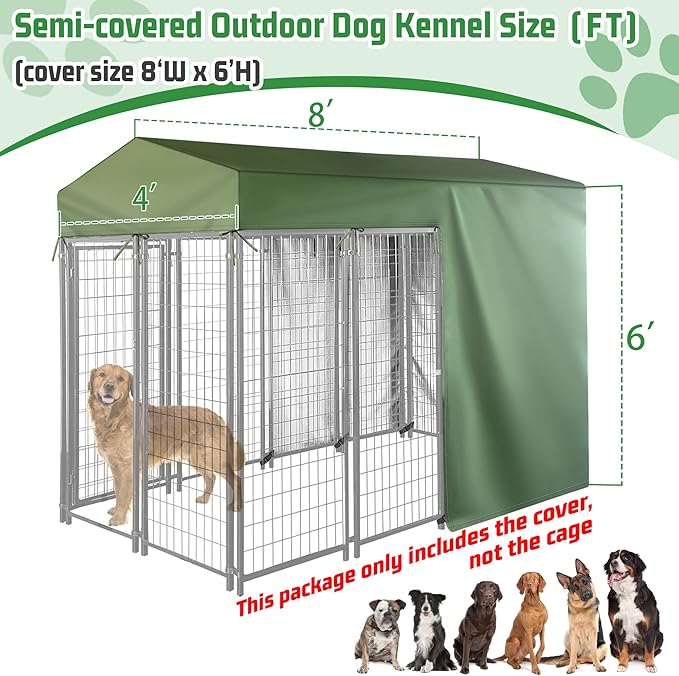 Outdoor Dog Kennel Cover Half Coverage for 8'Dx4'Wx6'H 600D Heavy Duty Waterproof Kennel Covers for Dog Cages(Cover Only) Greenish Color