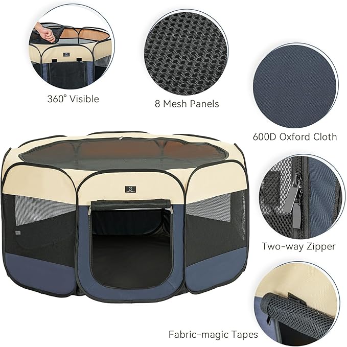 A4Pet Dog Playpen, Portable Pet Playpen, Pop Up Dog Playpen Indoor/Outdoor - Ideal for Small Medium Dogs - Removable Zipper & Collapsible Travel Bowl