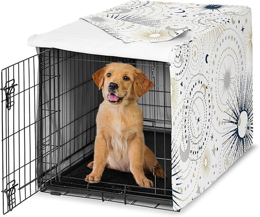 Sweet Jojo Designs Navy Blue Star and Moon Dog Crate Cover – Kennel Covers for 36 Inch Pet Cage Medium - Gold Grey Celestial Sky Stars Gray Shabby Chic
