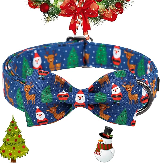 Maca Bates Christmas Dog Collar Cotton Soft Santa Dog Collar with Metal Buckle Christmas Dog Bow Tie Adjustable for Small Medium Large Dog