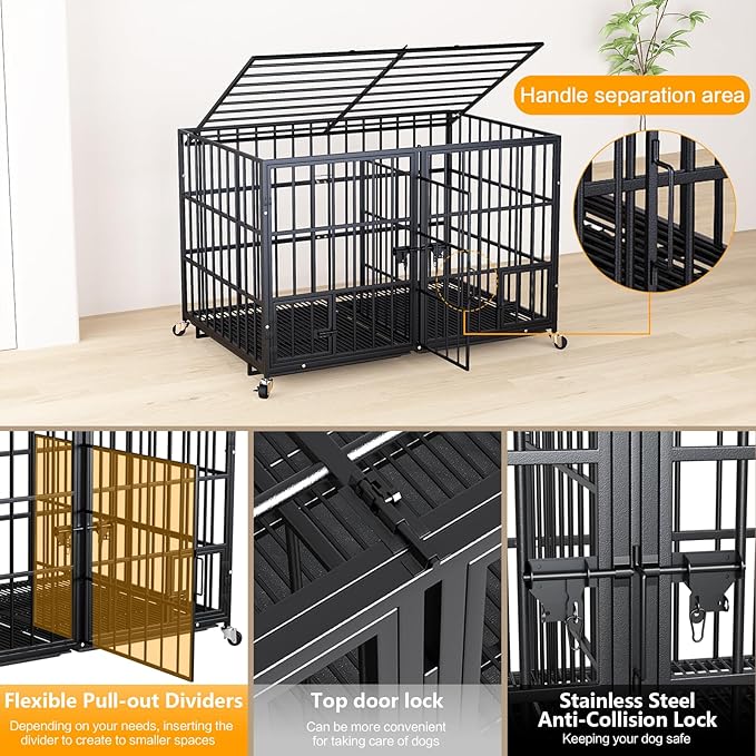 42 Inch Metal Dog Crate for Large Dogs,Heavy Duty Dog Cage Kennel Indoor with Divider Panel, Lockable Wheels, Indestructible Drop Cages for Dogs with Removable Tray, Escape Proof Locks