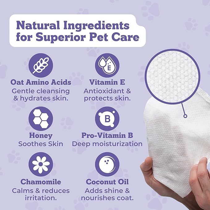 Pets XL Lavender Vanilla Pet Wipes-Deodorizing No Bath Cleaning for Dogs & Puppy Grooming | Ear, Face, Butt, Paw Wet Wipe | Enriched w/Aloe, Chamomile, Oat Amino Acids | Healthier Coat & Skin