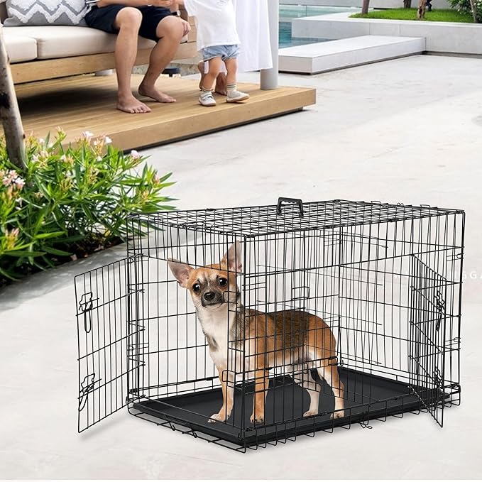 FDW 24 inch Dog Crate Dog Kennel Cage with Double Door Folding Metal Wire Dog Cage with Removable Tray&Divider Panel,Pet Crate for Small Dogs,Black