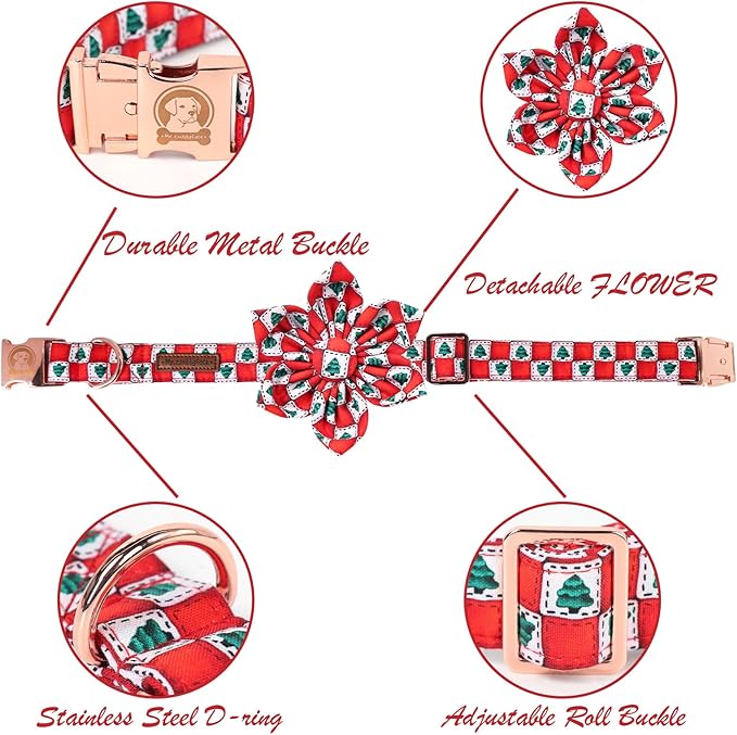 MR. CHUBBYFACE Christmas Dog Collar with Flower, Adjustable Christmas Tree Dog Collar with Metal Buckle, Cute Durable Cotton Boy Girl Dog Collars for Small Medium Large Dogs