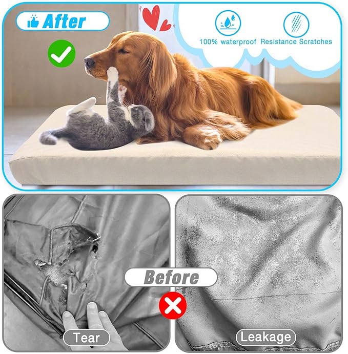 Dog Bed Covers Replacement Washable 100% Waterproof Dog Bed Cover 2 Pack Soft Noiseless Dog Bed Sheets for Dog Bed/pet Bed, 42" x 28" Beige