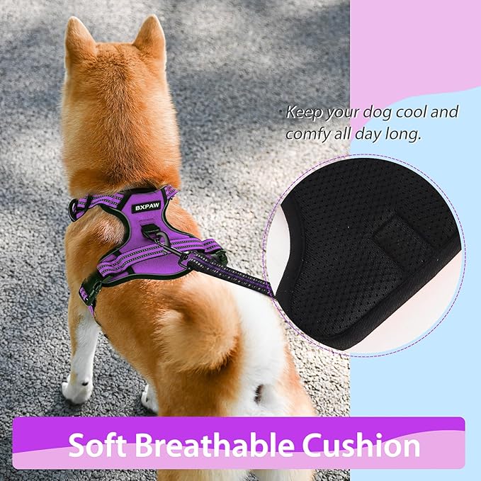 Dog Harness,No Pull Pet Harness Adjustable Reflective Pet Harness Easy Control Handle for Small to Large Dogs Soft Padded Puppy Vest (Purple, Medium)