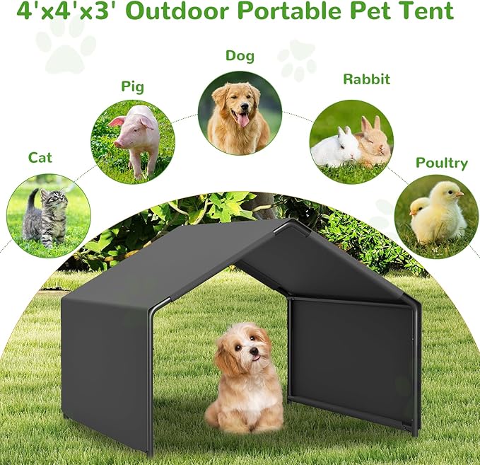 Dog Shade Shelter Outdoor, 4'x4'x3' Extra Large Dog Tent Outdoor, Dog Shade for Outside with Waterproof Roof, Grey Sun Rain Cover for Pet Cat Goat Pig Small Animals and Livestock
