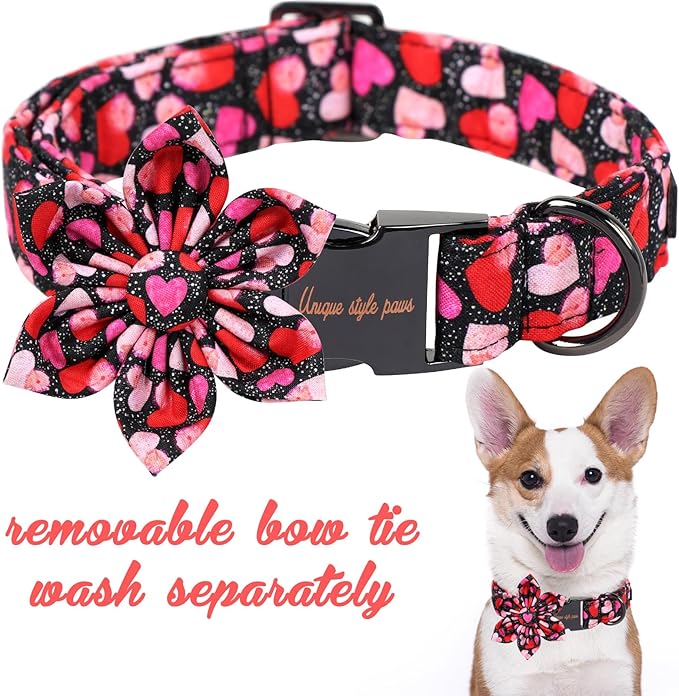 Unique Style Paws Valentine's Day Dog Collar with Bow Colorful Heart Love Dog Collars for Small Medium Large Dog New (XL, Black Flower)