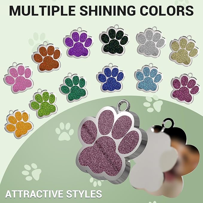 Dog Tags Personalized for Pets Glitter Paw Print Stainless Steel Dog Tag Cute Dog Name Tag Bulk Dog Tags for Wholesale (24 Pieces)