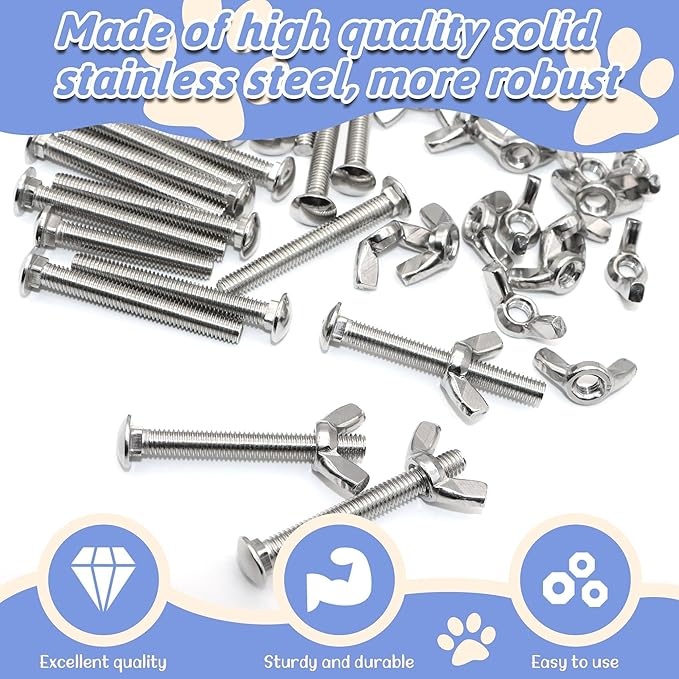 20 Sets Pet Carrier Replacement Fasteners - Heavy Duty Stainless Steel Bolts and Nuts for Kennel - Dog and Cat Replacement Parts, M650-W