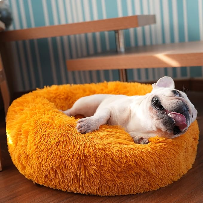 Dog Bed for Calming Dog 23 Inches Orange Anti-Anxiety Donut Puppy Bed for Small Medium Dogs Washable Fuzzy Dog Bed Fits up to 25 lbs Pets Beds for Small Dog