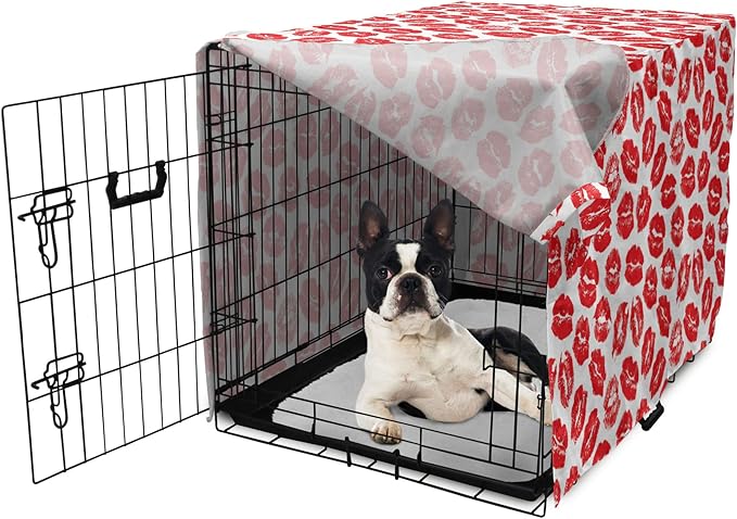 Lunarable Kiss Dog Crate Cover, Rhythmic Make up Red Luscious Lips Lipstick Imprint Illustration, Easy to Use Pet Kennel Cover for Small Dogs Puppies Kittens, 22 Inch, Dark Pink and White