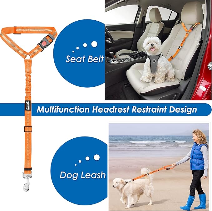 Lukovee Dog Seatbelt Leash for Cars, 2 Pack Pet Safety Car Seat Belt with Adjustable Buckle & Reflective Bungee, Connect Dog Harness in Vehicle Car Dogs Restraint Travel Daily Use (Orange)