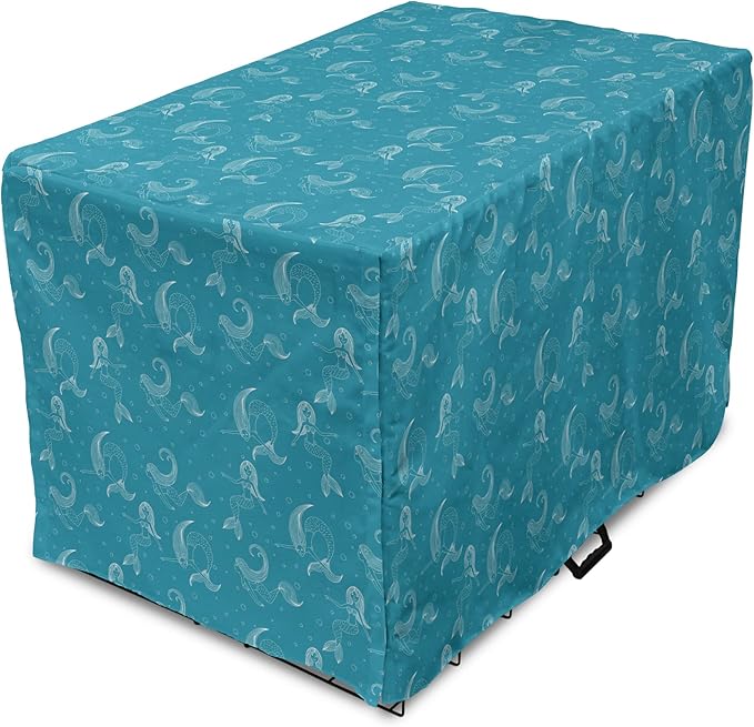Lunarable Mermaid Tail Dog Crate Cover, Cartoon Design of Aquatic Girl Swimming Underwater Bubbles, Easy to Use Pet Kennel Cover for Small Dogs Puppies Kittens, 22 Inch, Dark Turquoise Ivory
