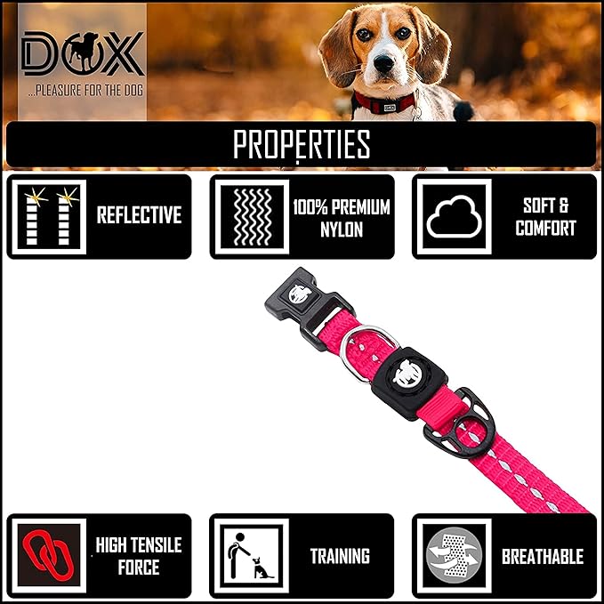 DDOXX Reflective Nylon Dog Collar - Strong and Adjustable Collars Dogs - XS (Pink)