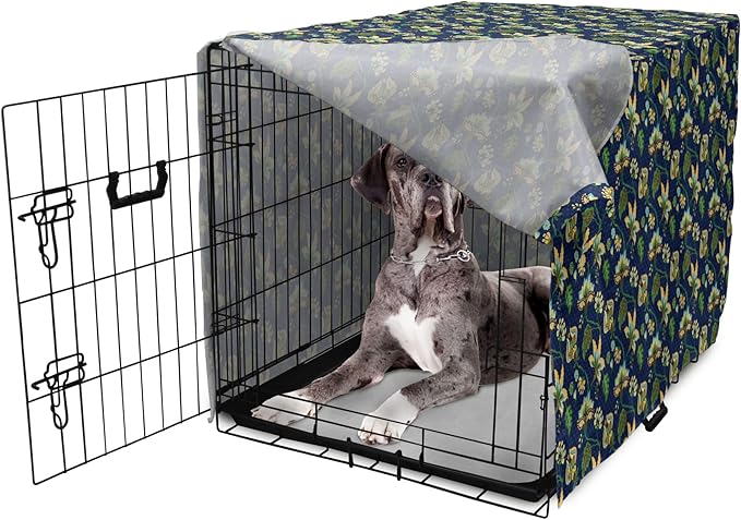 Lunarable Jacobean Dog Crate Cover, Triangles with Floral Pattern Stalks Leaves Flowers Whimsical Nature, Easy to Use Pet Kennel Cover for Medium Large Dogs, 48 Inch, Dark Blue Green Mustard