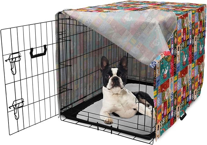 Lunarable Christmas Dog Crate Cover, Modern Design Theme Funny Xmas Winter Patterns Theme, Easy to Use Pet Kennel Cover for Small Dogs Puppies Kittens, 22 Inch, Red Blue