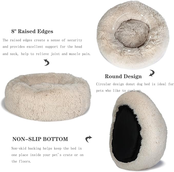 Small Dog Bed Calming Dogs Bed for Small Medium Large Dogs Anti-Anxiety Puppy Bed Machine Washable Warming Cozy Soft Pet Round Bed Fits up to 10-100 lbs (Medium (Pack of 1), Beige)