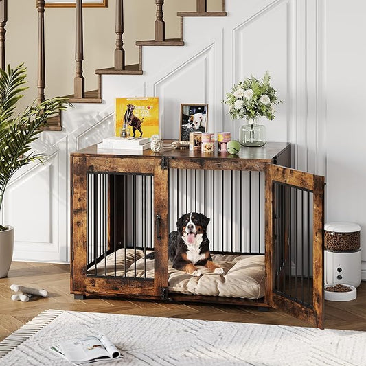 42.1" L Dog Crate Furniture, Stylish Dog Cage for Indoor Use, End Table Wooden Dog Kennel for Large Dogs, Decorative Pet House, Functional and Chic Dog Kennel Furniture