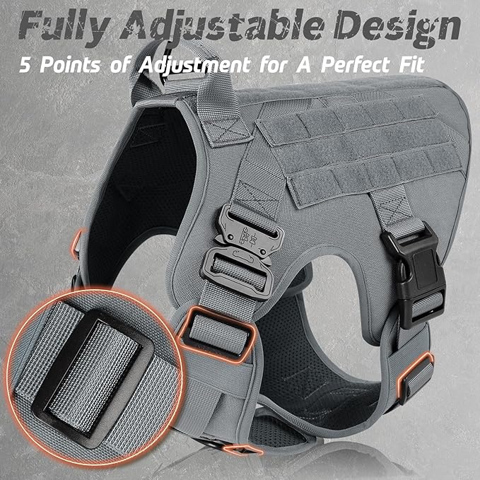rabbitgoo Tactical Dog Harness for Large Dogs, Heavy Duty Dog Harness with Handle, No-Pull Service Dog Vest Large Breed, Adjustable Military Dog Vest Harness for Training Hunting Walking, Grey, XL