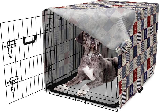 Lunarable Geometric Dog Crate Cover, Checkered Pattern Pale Nautical Design Elements Grunge Effect, Easy to Use Pet Kennel Cover for Medium Large Dogs, 48 Inch, Navy Blue Beige