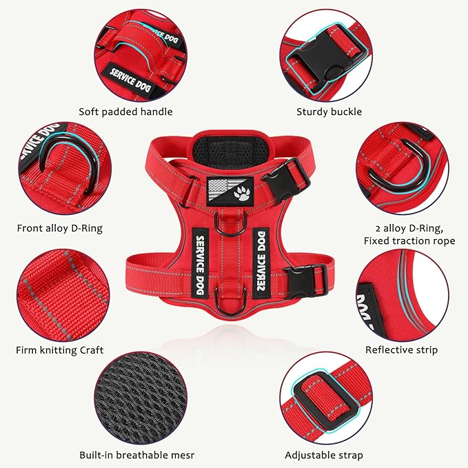 Demigreat Service Dog Harness, Reflective Dog Vest Harness with 5 PCS Patches, Adjustable Soft Oxford Pet Harness, Inner Layer Mesh, Easy to Control for Dogs (All-RED, Medium (Pack of 1))