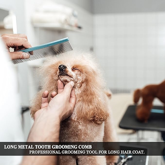 Metal Dog Grooming Comb for Shedding Tangles,Knots,Mats.Dog Combs With Long Wide Tooth for Long Thick Curly Hair Metal Pet Comb for Poodles and Goldendoodles Dematting.7.5INCHES.(Blue)