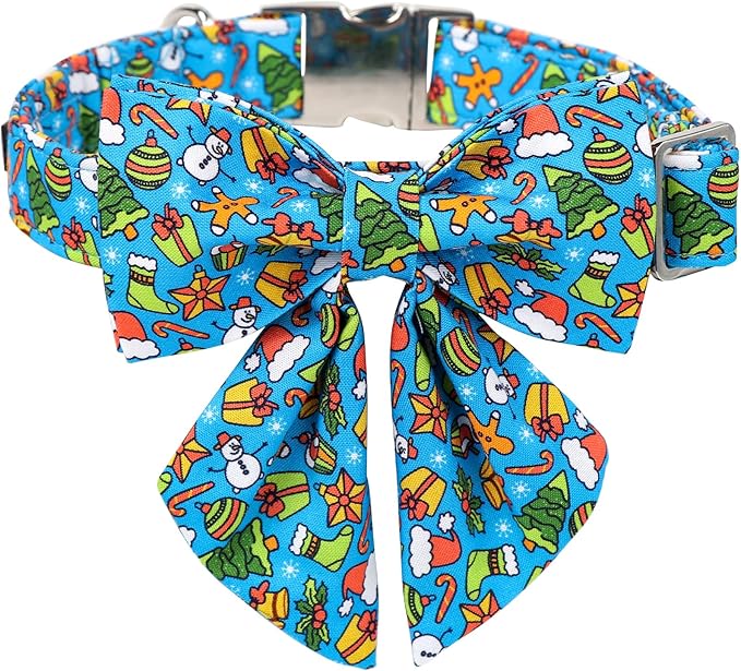 Maca Bates Christmas Dog Collar with Bow Bowtie for Dogs Sailor Bow Tie Adjustable Breakaway Blue Collars Accessories Gift for Small Medium Large XL Puppy with Golden Metal Buckle