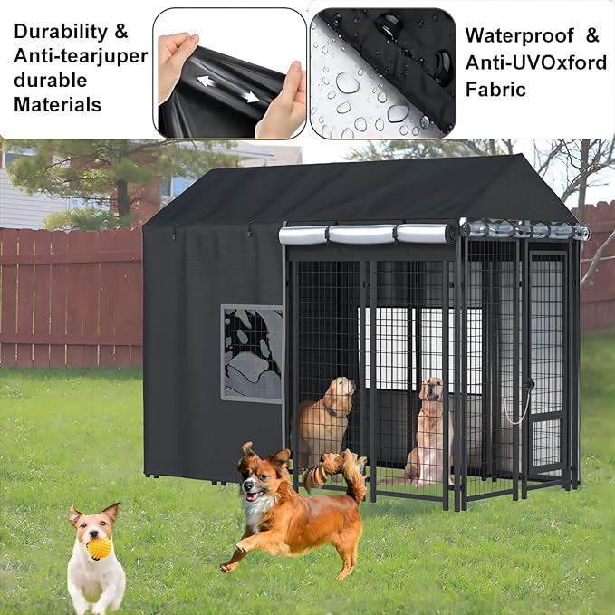 Outdoor Dog Kennel Cover - Full Coverage for 8'Dx4'Wx6'H Dog Cages, 600D Heavy Duty Waterproof Kennel Cover, Black