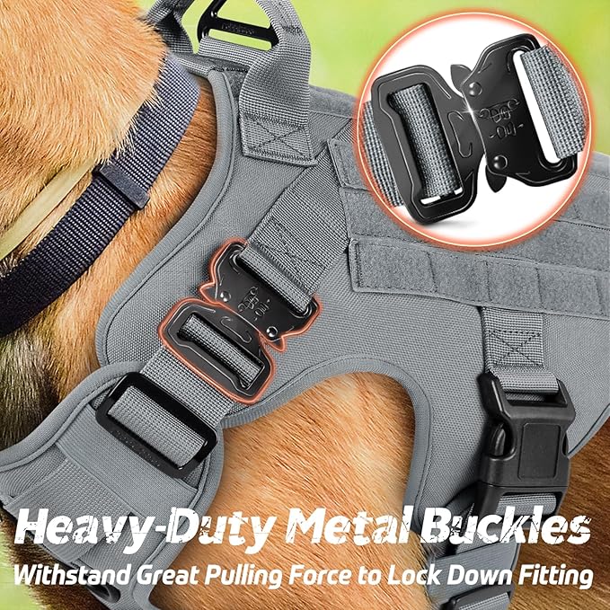 rabbitgoo Tactical Dog Harness for Large Dogs, Heavy Duty Dog Harness with Handle, No-Pull Service Dog Vest Large Breed, Adjustable Military Dog Vest Harness for Training Hunting Walking, Grey, XL