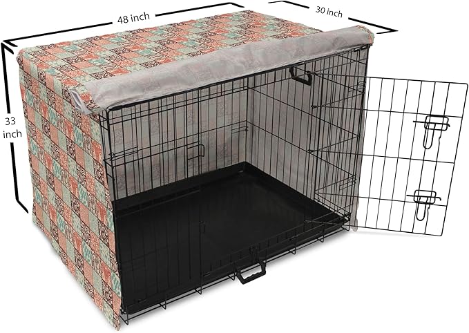 Lunarable Geometric Dog Crate Cover, Western Style Floral Motifs with Vintage Look in Checks, Easy to Use Pet Kennel Cover for Medium Large Dogs, 48 Inch, Brown Vermilion