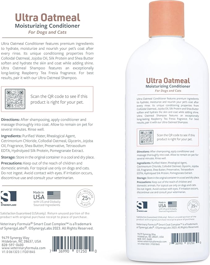 Veterinary Formula Smart Coat Complex Ultra Oatmeal Moisturizing Conditioner for Dogs, 17 Fl oz – with Colloidal Oatmeal & Jojoba – Leaves Coat Soft, Shiny, Hydrated, Strong, with Long-Lasting Scent