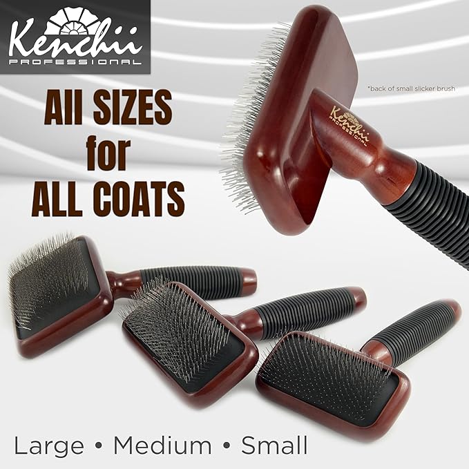 Kenchii Slicker Brush for Dogs, Professional Dog Grooming Brush for Loose Fur, Tangles, Long Short Haired, Stainless Steel Pins, Maplewood Handle (Medium)
