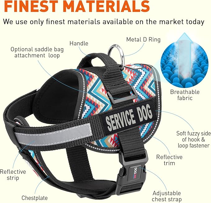Dogline Unimax Dog Harness Vest with Service Dog Patches Reflective No-Pull, Adjustable Straps, Breathable Neoprene for Medical, Service, Identification and Training Dogs Girth 36 to 46" Aztec
