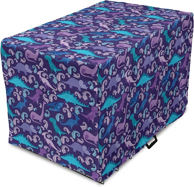 Lunarable Jurassic Dog Crate Cover, Abstract Cartoon Dinosaur Pattern Ferns Caricature Style Creatures Prehistoric, Easy to Use Pet Kennel Cover for Medium Large Dogs, 36 Inch, Blue Purple