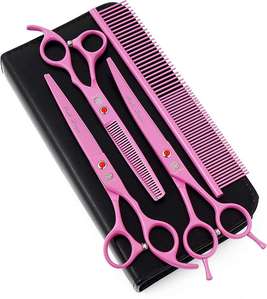 Purple Dragon 7.0 inch Pink 3PCS Pet Grooming Scissors Cat Dog Hair Cutting & Thinning Shears Set for Women Female Pet Groomer