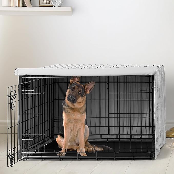 Sweet Jojo Designs White and Grey Stripe Dog Crate Cover – Kennel Covers for 48 Inch Pet Cage Large - Neutral Contemporary Modern Pinstriped Minimalist Gray