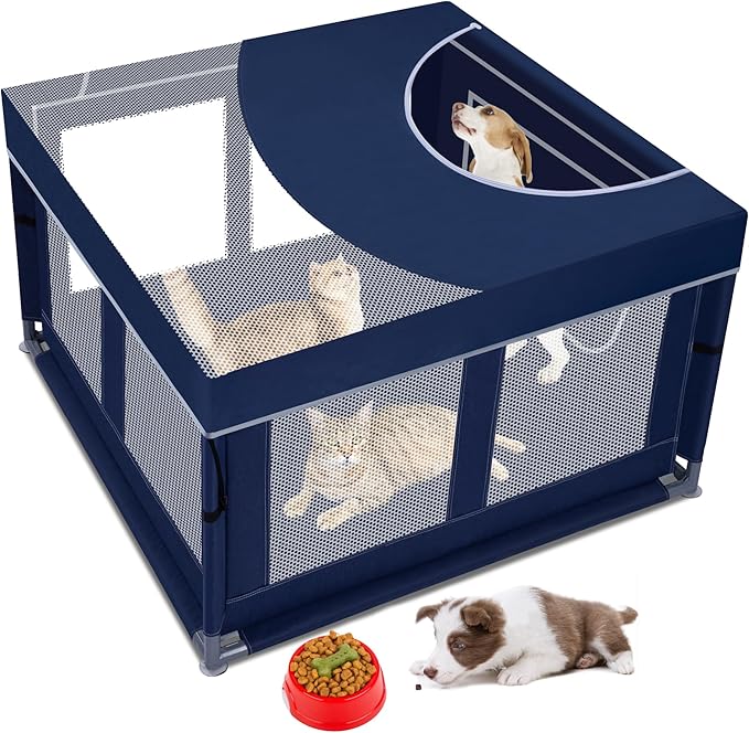 Dog Kitten Playpen with Cover for Cat Indoor, 42x42 x25.5 Puppy Playpen for Small Pet with See-Through Topper Proof Enclosed Door Dog Pen, Sturdy Warm Protable Playpen Pen for Cat