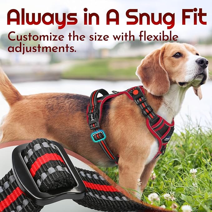 Eagloo Dog Harness Medium Sized, Easy Wearing with 3 Buckles, Adjustable No Pull Pet Harness with 2 Rings for Walking, No Chock Reflective Soft Padded Vest with Control Handle, Black & Red, M