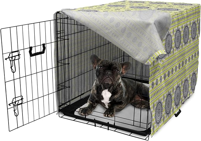 Lunarable Bohemian Mandala Dog Crate Cover, Floral Sun Motif on Brush Drawn Stripes with Dots, Easy to Use Pet Kennel Cover for Cats & Medium Dogs, 24 Inch, Night Blue Yellow