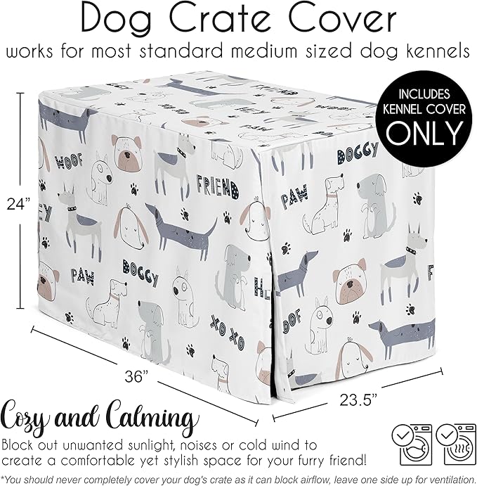Sweet Jojo Designs 36in. Medium Dog Crate Cover (Cartoon Puppy Print) Pet Cage, Kennel Covers (Neutral, Modern, Bulldog, Wiener Doggy, Paws, Whimsical, Playful, Woof, Dachshund, Blue, Taupe, Grey)